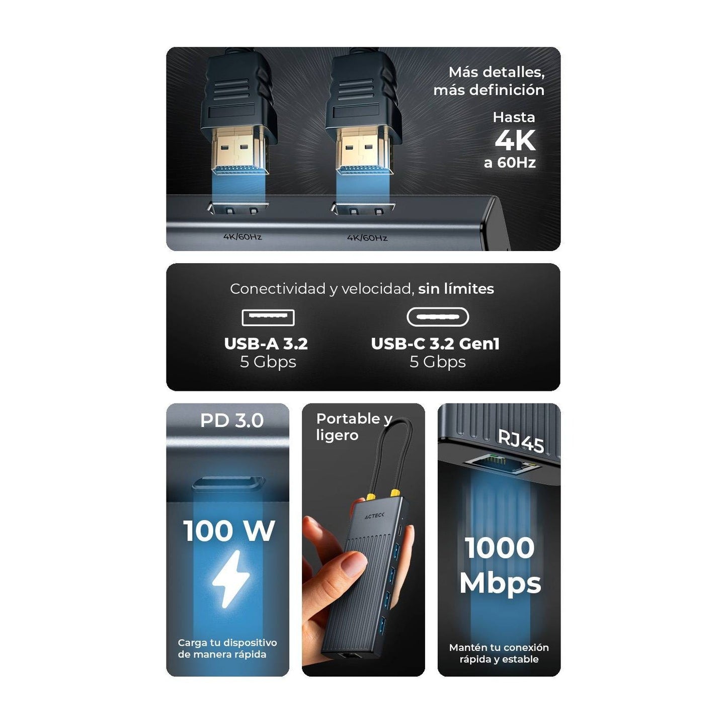 HUB USB 9 EN 1 NEXUS DOCK PRO HN940 ACTECK HUB 9 EN 1