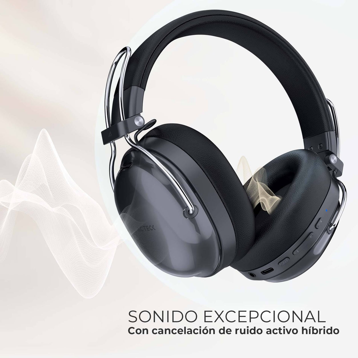AUDÍFONOS INALÁMBRICOS BLUETOOTH LUXE PURE HP730 ACTECK ELITE SERIES CANCELACIÓN DE RUIDO ACTIVO HIBRIDO, COLOR NEGRO. AC-940870