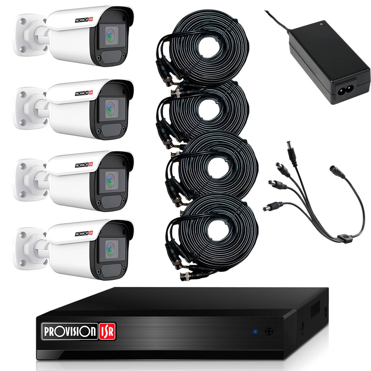 KIT DE VIDEOVIGILANCIA DE 4 CÁMARAS DE 2 MP POLICARBONATO, 4 CABLES SIAMÉS DE 20 METROS, FUENTE DE 12V/3A, PULPO DE 4 SALIDAS, NO INCLUYE HDD