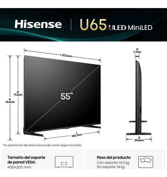 TELEVISOR HISENSE 55U65QFM, 55 PULGADAS, MINILED, QUANTUM DOT, 4K UHD, 3840 X 2160 PIXELES, FIRE SMART TV