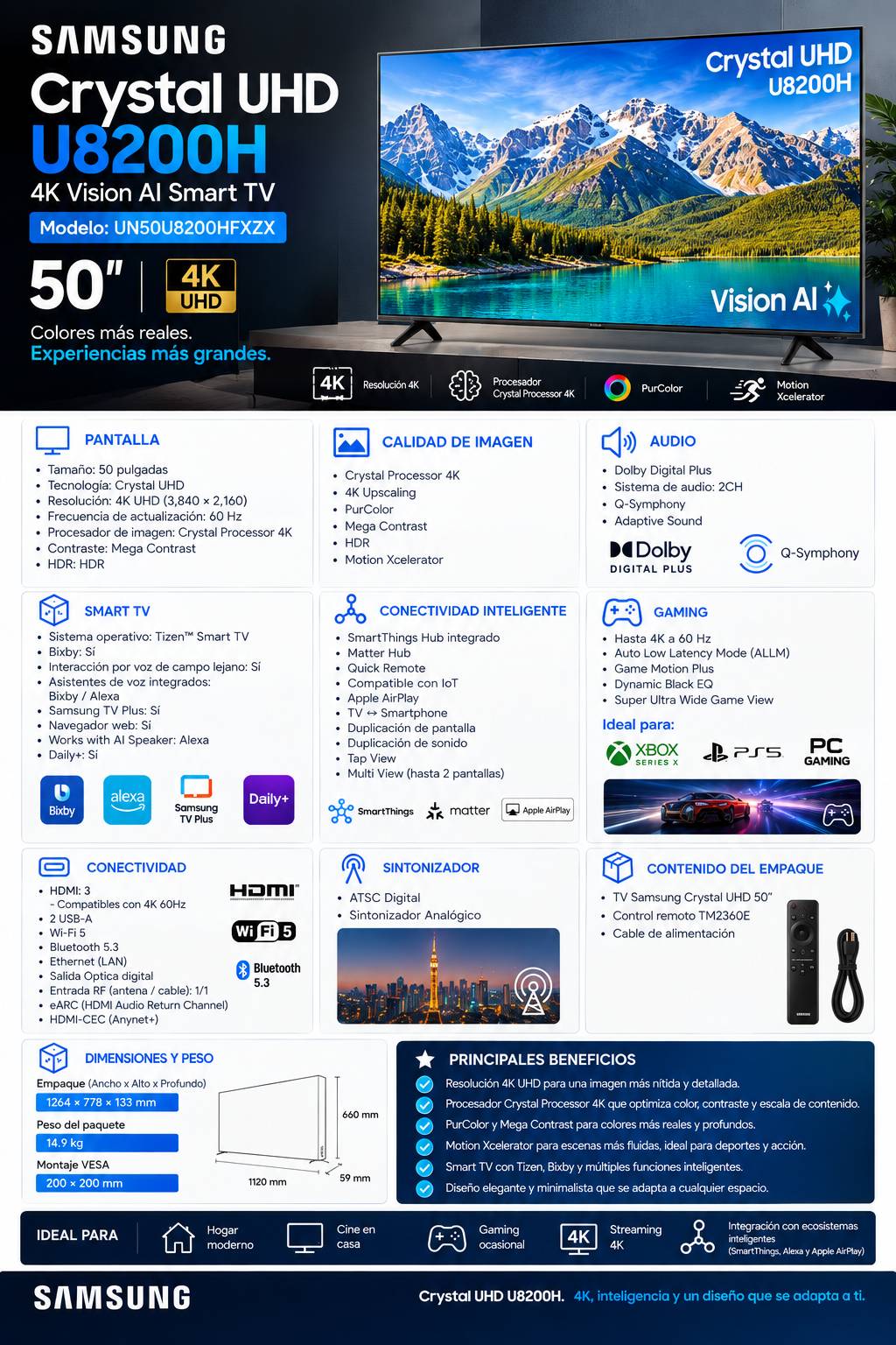 PANTALLA 85 PULGADAS CRYSTAL UHD U8200HF 4K VISION AI SMART TV (2026) RESOLUCIÓN 3840 X 2160 HDMI: 3 USB:1 SISTEMA OPERATIVO SMART TV TIZEN