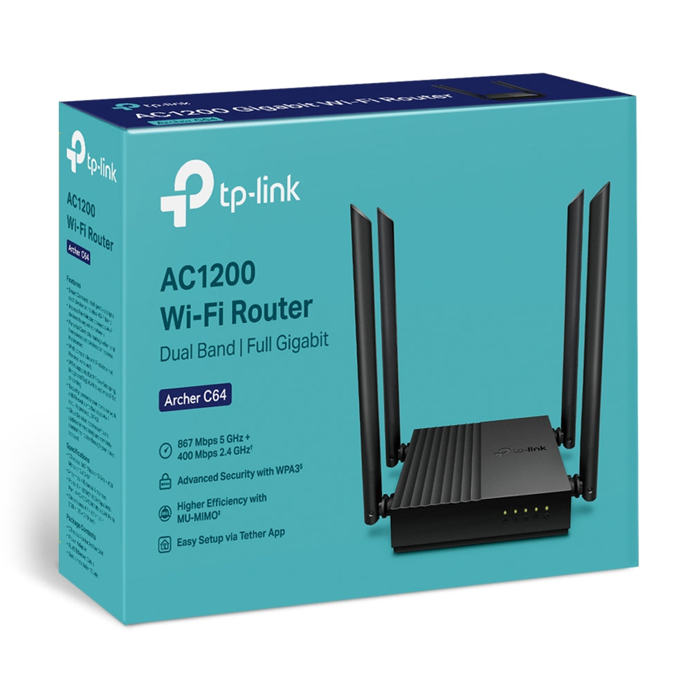 ROUTER TP-LINK DUAL BAND ARCHER C64 WIFI AC1200 MU-MIMO GIGABIT DE GRAN ALCANCE