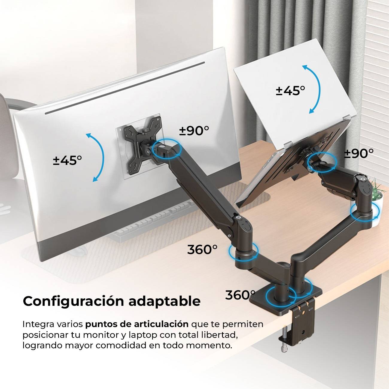 SOPORTE 2 EN 1 ENFORCE MOTION SM729 ACTECK  SOPORTE PARA MONITOR Y LAPTOP 2 EN 1 PARA  ESCRITORIO CON C-CLAMP