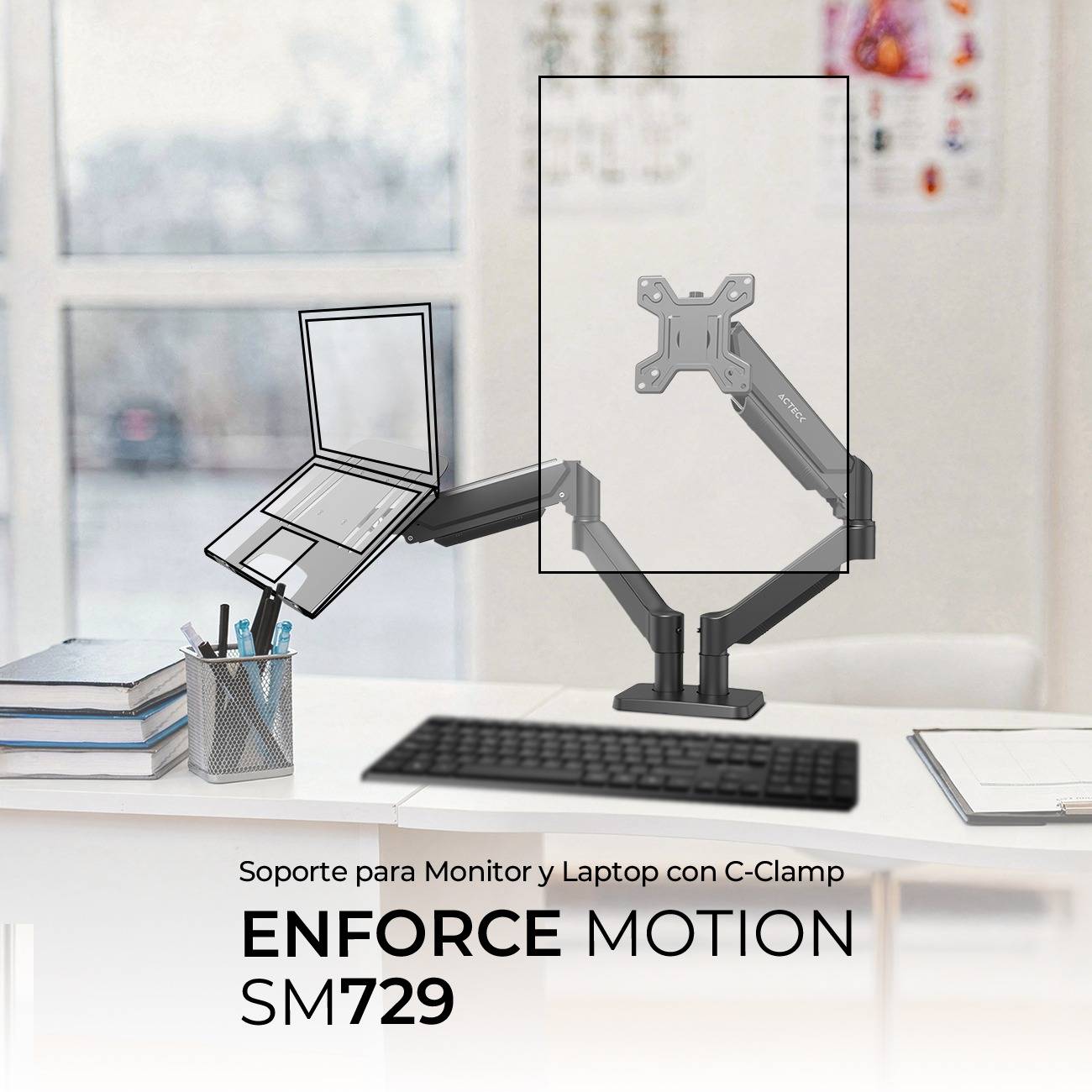 SOPORTE 2 EN 1 ENFORCE MOTION SM729 ACTECK  SOPORTE PARA MONITOR Y LAPTOP 2 EN 1 PARA  ESCRITORIO CON C-CLAMP