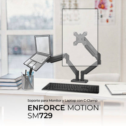 SOPORTE 2 EN 1 ENFORCE MOTION SM729 ACTECK  SOPORTE PARA MONITOR Y LAPTOP 2 EN 1 PARA  ESCRITORIO CON C-CLAMP