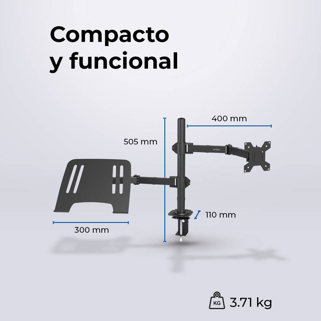 SOPORTE DOBLE PARA MONITOR/LAPTOP  ENFORCE ZONE SM525  ACTECK SOPORTE DOBLE ARTICULADO PARA MONITOR/LAPTOP CON ALTURA AJUSTABLE CON C-CLAMP
