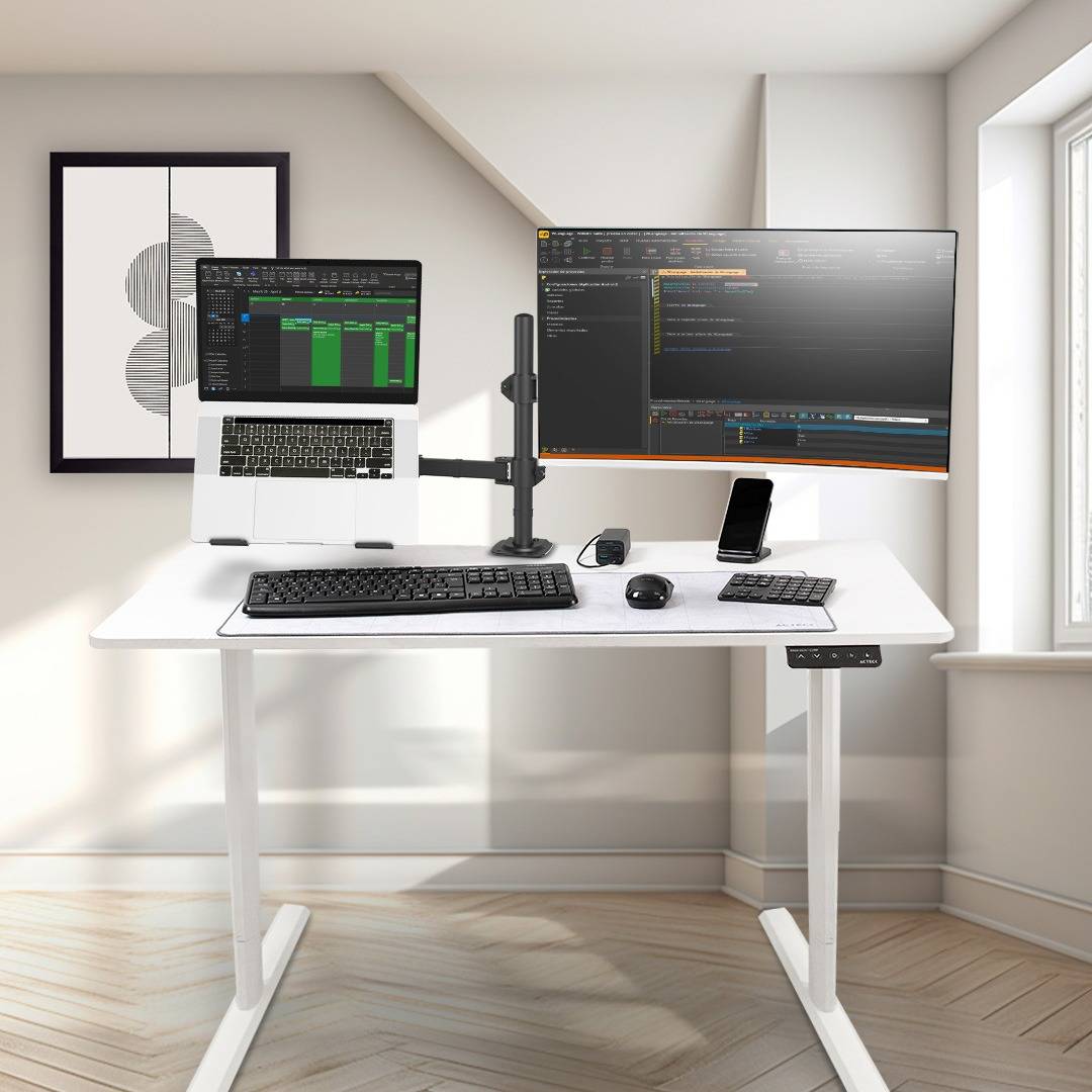 SOPORTE DOBLE PARA MONITOR/LAPTOP  ENFORCE ZONE SM525  ACTECK SOPORTE DOBLE ARTICULADO PARA MONITOR/LAPTOP CON ALTURA AJUSTABLE CON C-CLAMP
