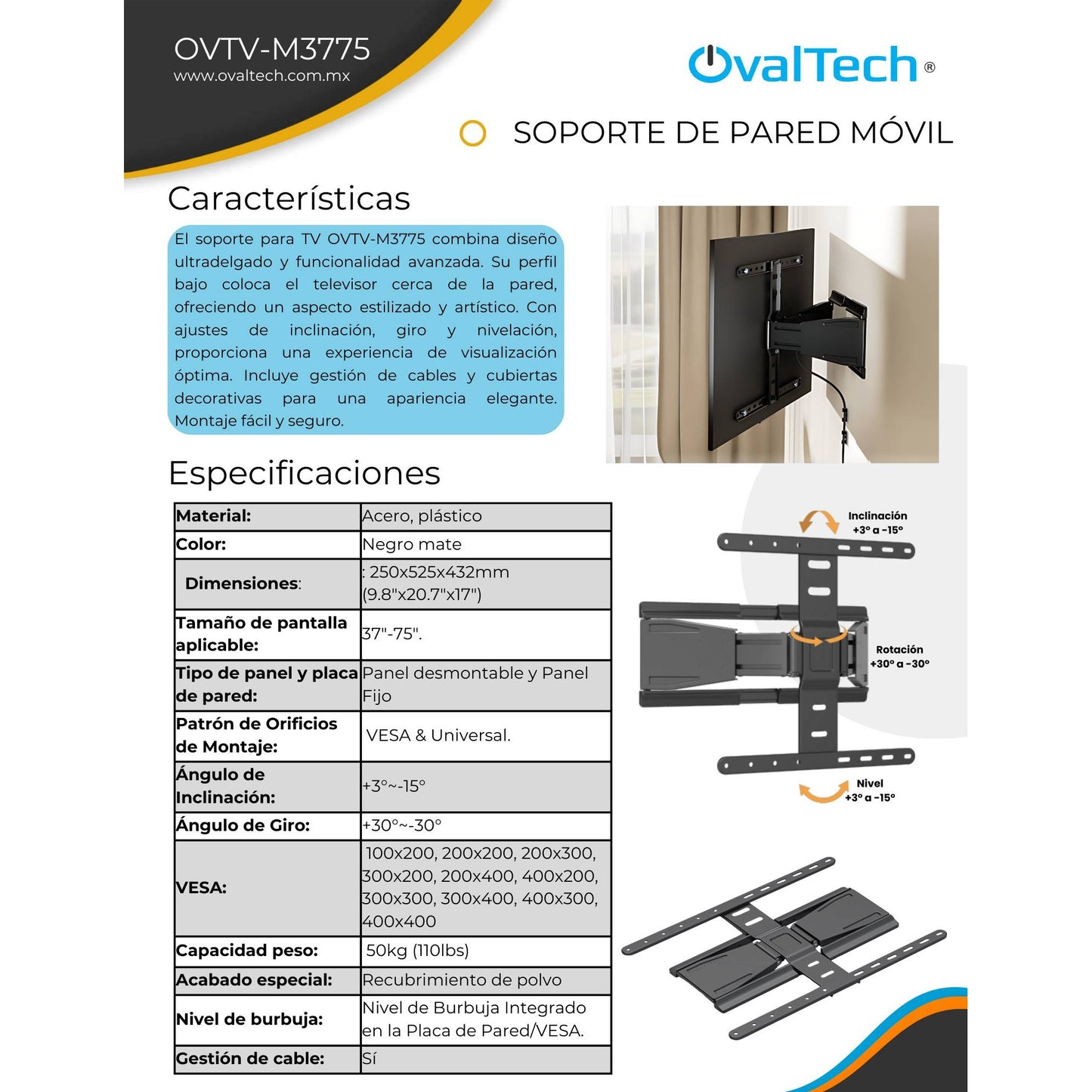 OVTV-M3775 SOPORTE MOVIL PARA TV DE 37 PULGADAS A 75 PULGADAS - SOPORTA HASTA 50KG
