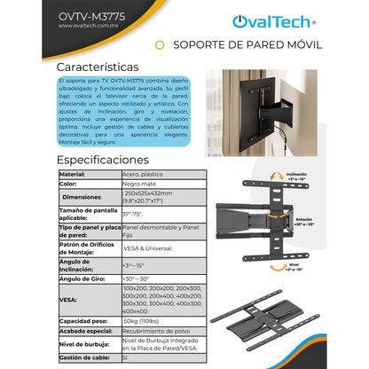 OVTV-M3775 SOPORTE MOVIL PARA TV DE 37 PULGADAS A 75 PULGADAS - SOPORTA HASTA 50KG