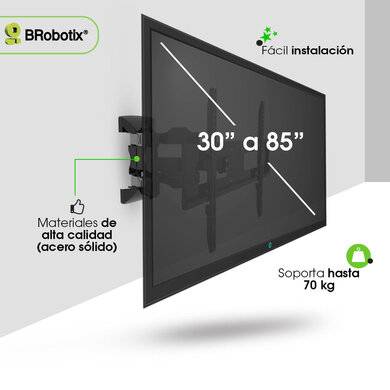 SOPORTE PARA TV, DE PARED ARTICULADO DE 30 A 85 PULGADAS, DOBLE BRAZO, DE ACERO, RESISTENCIA 70KG, NEGRO, 6007808 BROBOTIX
