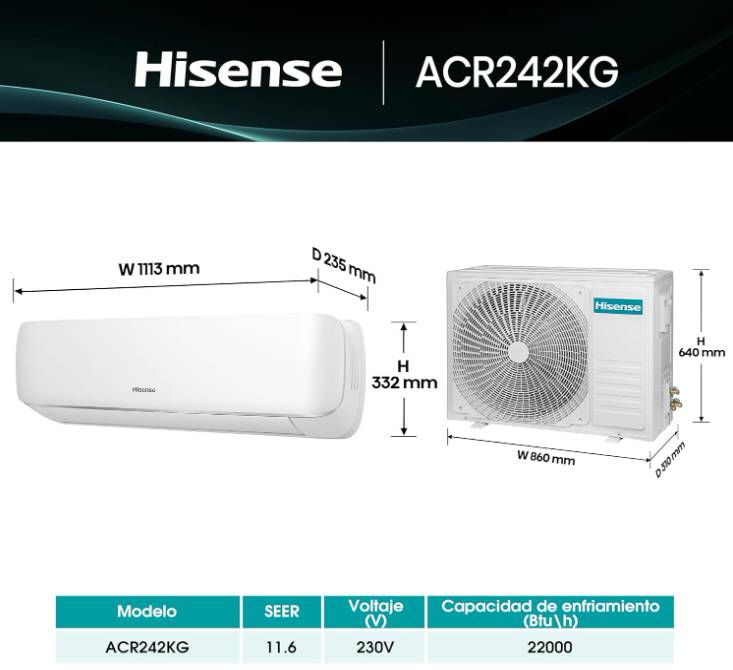 MINISPLIT HISENSE 2 TONELADAS ACR242KG 230V ESTANDAR. SOLO FRIO. COLOR BLANCO.