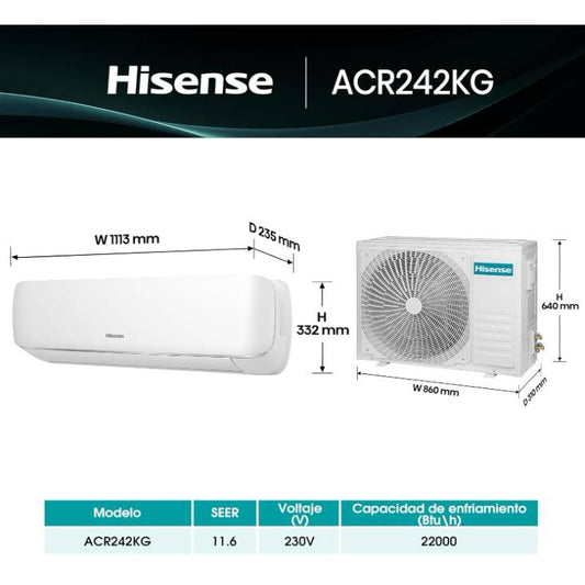 MINISPLIT HISENSE 2 TONELADAS ACR242KG 230V ESTANDAR. SOLO FRIO. COLOR BLANCO.