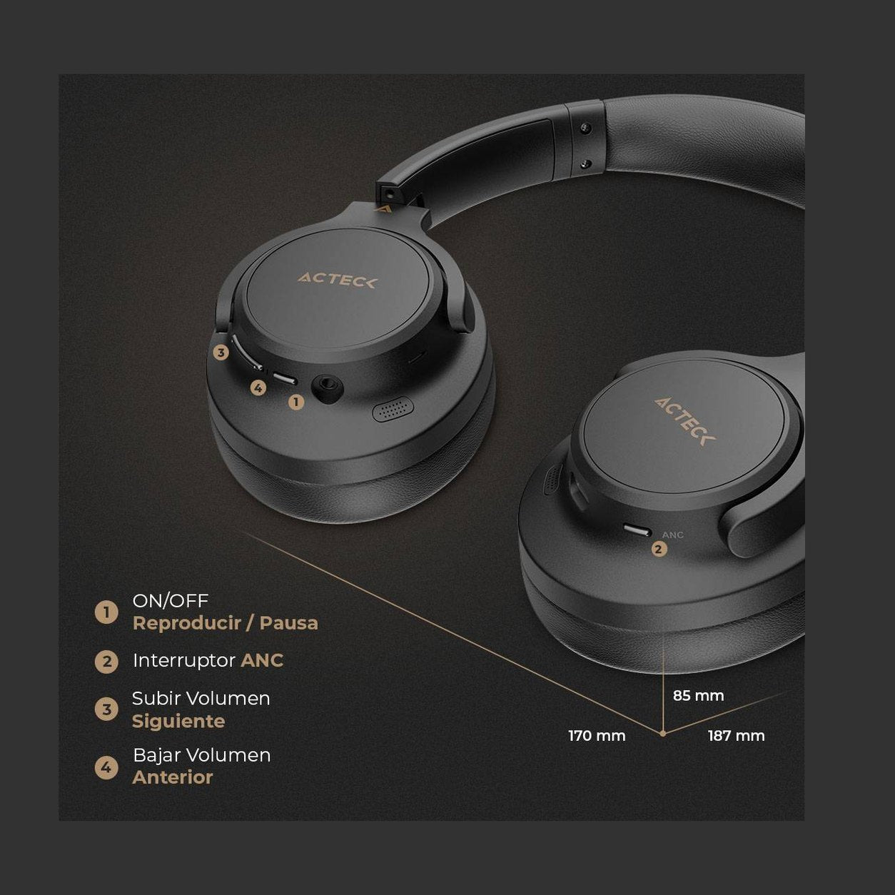 AUDÍFONOS INALÁMBRICOS BLUETOOTH HYPE EPIC HP750 ACTECK ELITE SERIES CANCELACIÓN DE RUIDO ACTIVO  HIBRIDO, DURACIÓN DE BATERÍA HASTA 75H