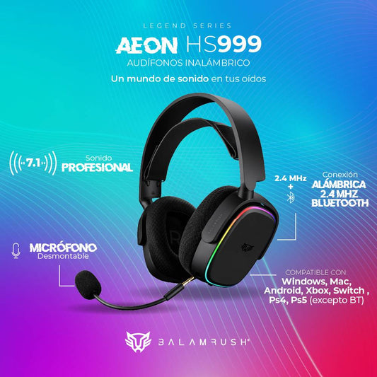 AUDÍFONOS 7.1CH INALÁMBRICOS AEON HS999 BALAM RUSH  CONEXIÓN BT/ RF 2.4GHZ, MICRÓFONO DESMONTABLE, BANDAS Y CARCAZAS INTERCAMBIABLES