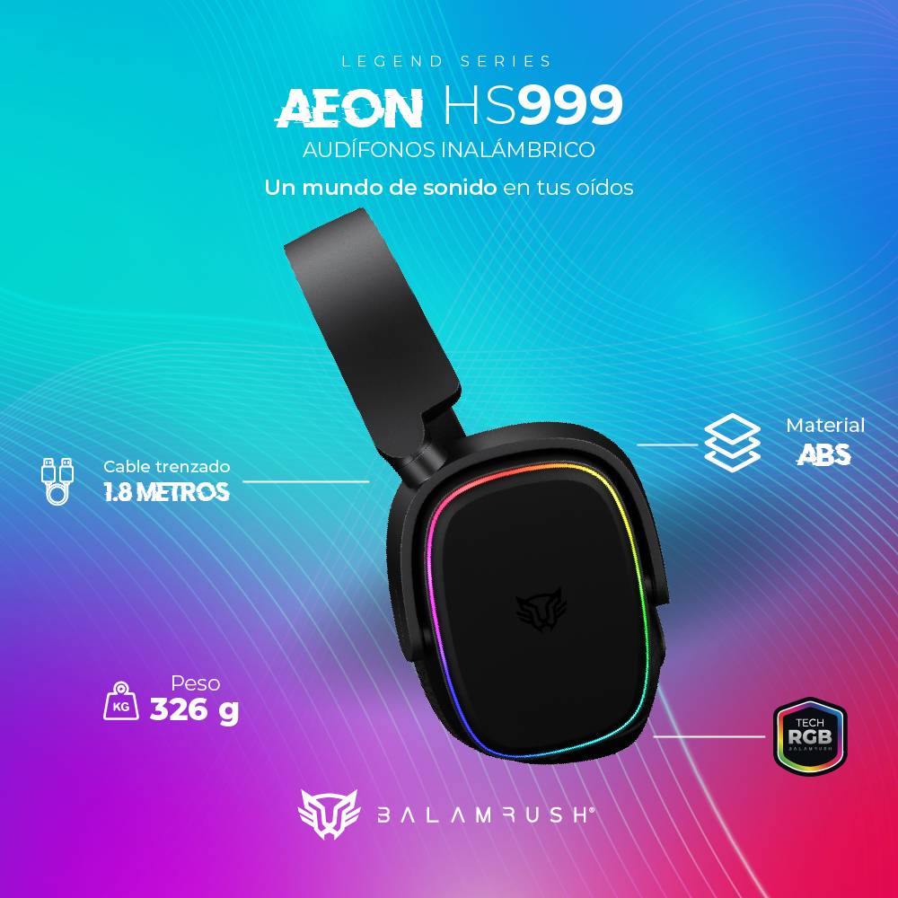 AUDÍFONOS 7.1CH INALÁMBRICOS AEON HS999 BALAM RUSH  CONEXIÓN BT/ RF 2.4GHZ, MICRÓFONO DESMONTABLE, BANDAS Y CARCAZAS INTERCAMBIABLES