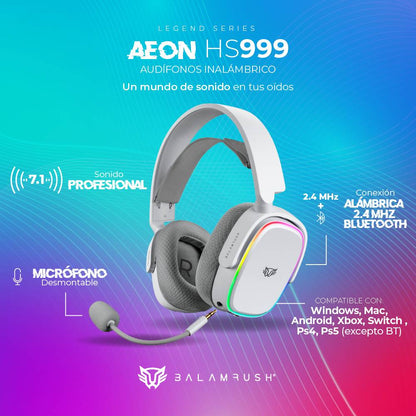 AUDÍFONOS 7.1CH INALÁMBRICOS AEON HS999 BALAM RUSH  CONEXIÓN BT/ RF 2.4GHZ, MICRÓFONO DESMONTABLE, BANDAS Y CARCAZAS INTERCAMBIABLES