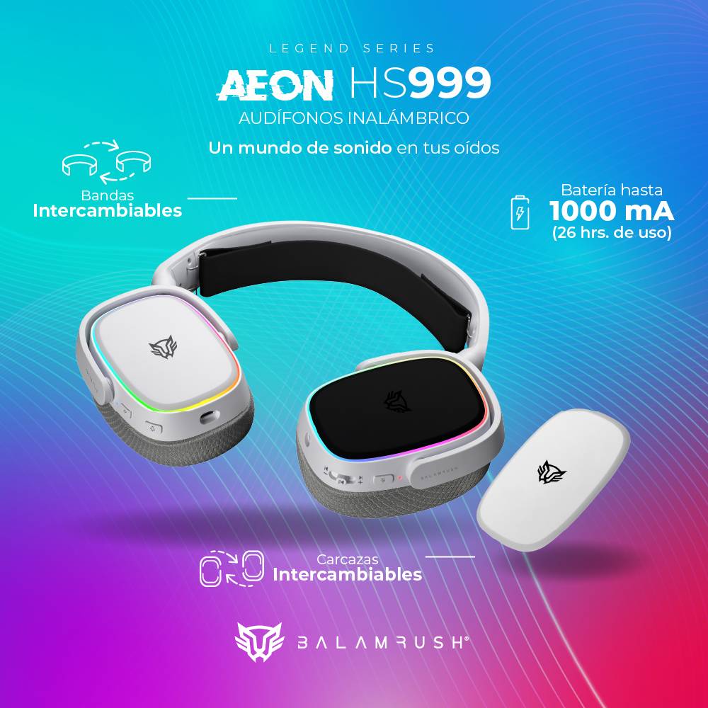 AUDÍFONOS 7.1CH INALÁMBRICOS AEON HS999 BALAM RUSH  CONEXIÓN BT/ RF 2.4GHZ, MICRÓFONO DESMONTABLE, BANDAS Y CARCAZAS INTERCAMBIABLES