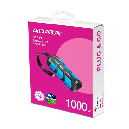 SSD EXTERNO ADATA SC740 1TB. USB TIPO C INCORPORADO, 1.050/1.000 MB/S LECTURA/ESCRITURA, RESISTENTE A CAÍDAS MIL-STD. COLOR AZUL. N.P. SC740-1000G-CBU
