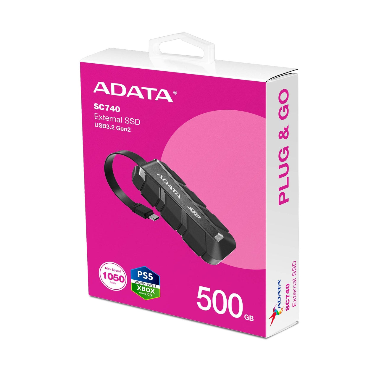 SSD EXTERNO ADATA SC740 500GB. USB TIPO C INCORPORADO, 1.050/1.000 MB/S LECTURA/ESCRITURA, RESISTENTE A CAÍDAS MIL-STD DE 1,22 M. NEGRO SC740-500G-CBK