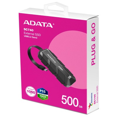 SSD EXTERNO ADATA SC740 1TB. USB TIPO C INCORPORADO, 1.050/1.000 MB/S DE LECTURA/ESCRITURA, RESISTENTE A CAÍDAS MIL-STD DE 1,22 M.  NEGRO.SC740-1000G-CBK