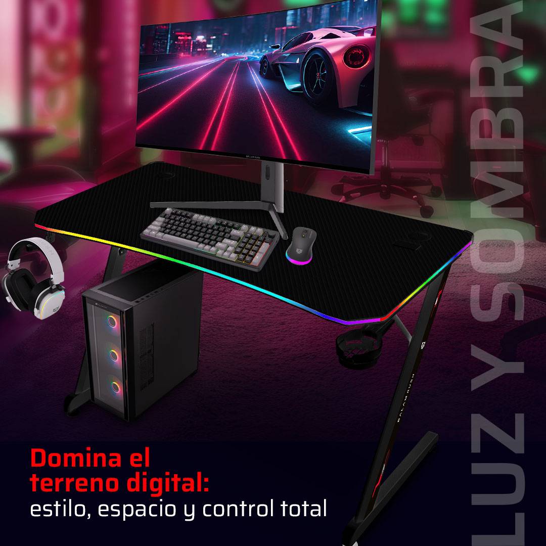 ESCRITORIO GAMER ERGONÓMICO  OLYMPUS SPOT GLOW PRO MRX8000 BALAM RUSH LEGEND SERIES ESCRITORIO GAMER ERGONÓMICO 120 X 60CM, ILUMINACIÓN RGB, PORTA VASOS