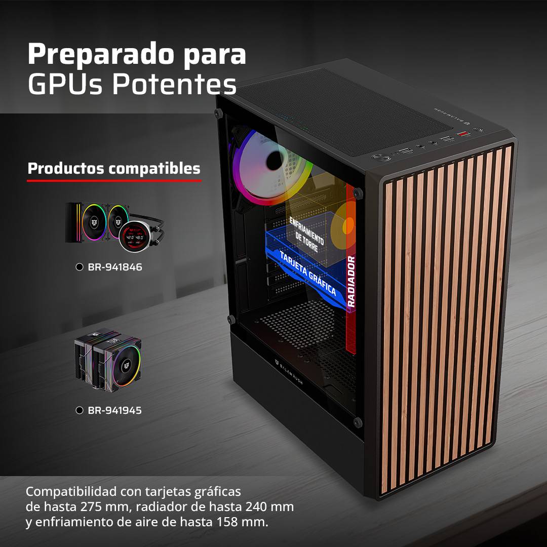 GABINETE GAMER MEDIA TORRE ATX DRAGONFLY WOOD GM580CB  FACTOR: ATX, MICRO ATX - MINI ITX