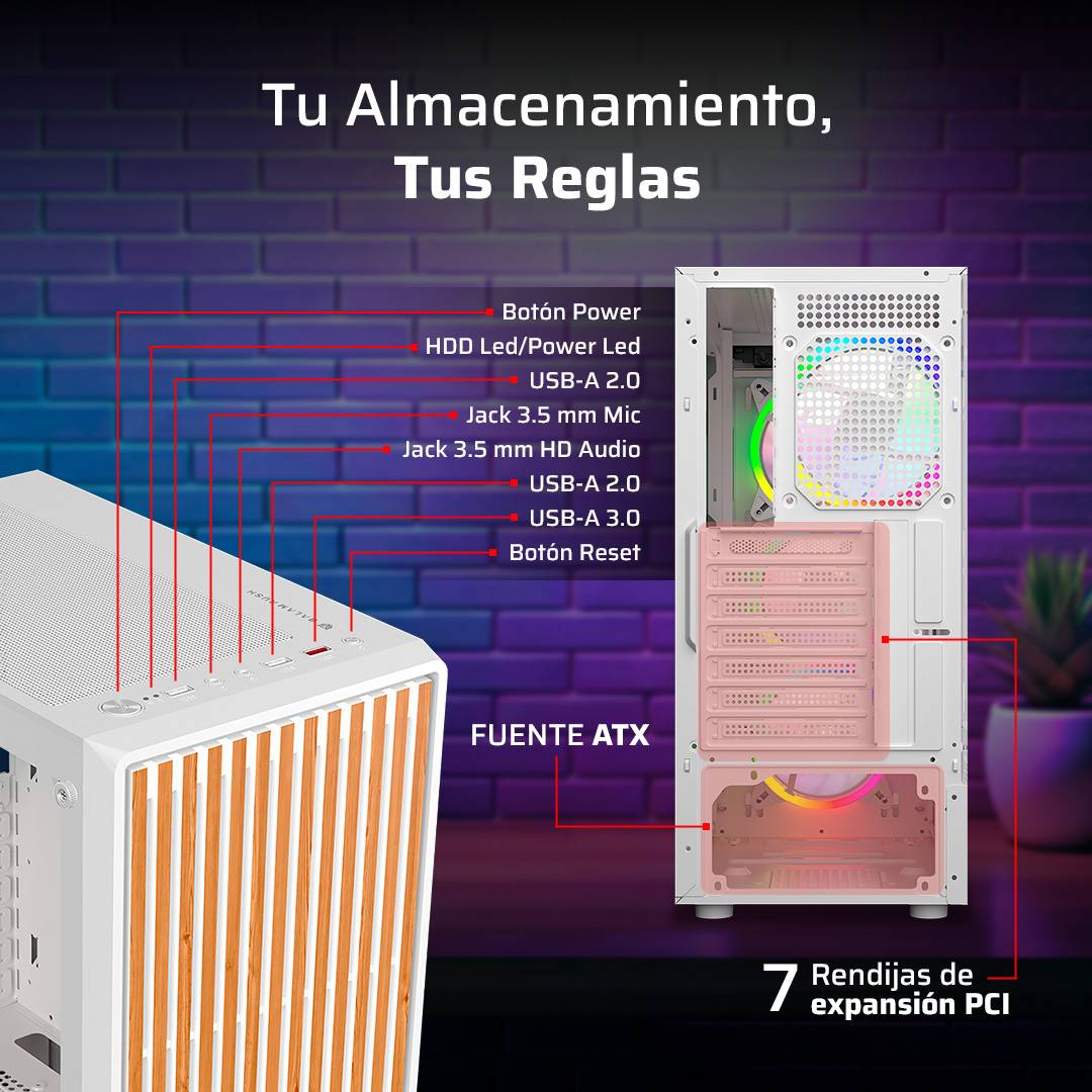 GABINETE GAMER MEDIA TORRE ATX DRAGONFLY WOOD GM580CW  FACTOR: ATX, MICRO ATX - MINI ITX