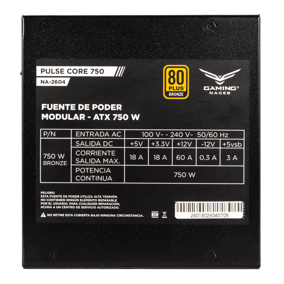 FUENTE DE PODER PULSE BRONZE NA-2604 POTENCIA DE 750W (650W REALES), CERTIFICACIÓN 80 PLUS BRONZE CON EFICIENCIA DE 95%, COMPATIBLE CON WINDOWS Y MAC
