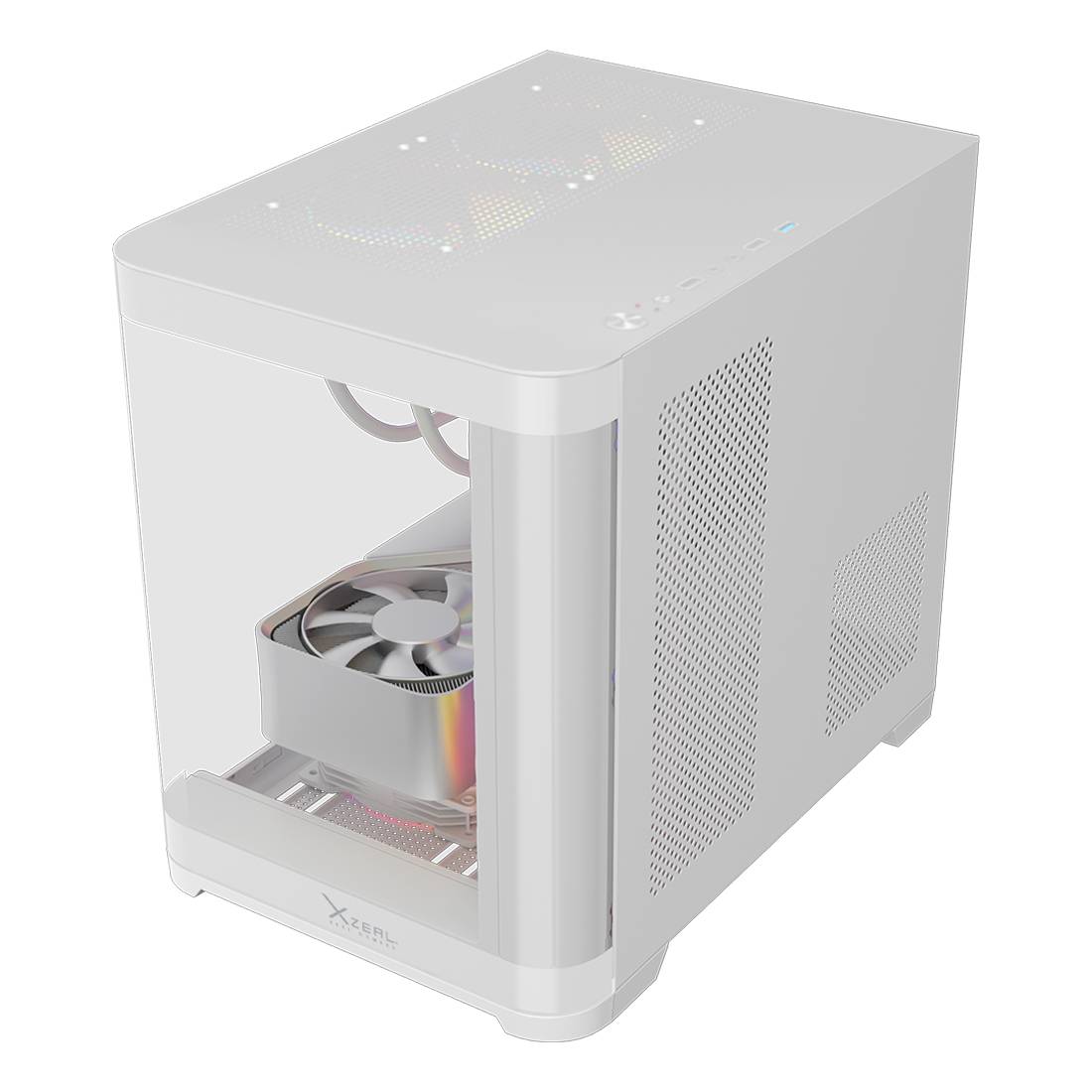 GABINETE CURVO XZEAL M-ATX/ITX 2X USB 2.0 + 1X USB 3.0 + 3.5 MM + 3 VENTILADORES RGB BLANCO