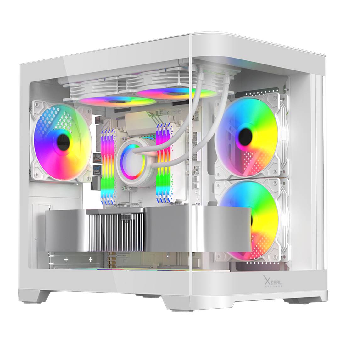 GABINETE CURVO XZEAL M-ATX/ITX 2X USB 2.0 + 1X USB 3.0 + 3.5 MM + 3 VENTILADORES RGB BLANCO