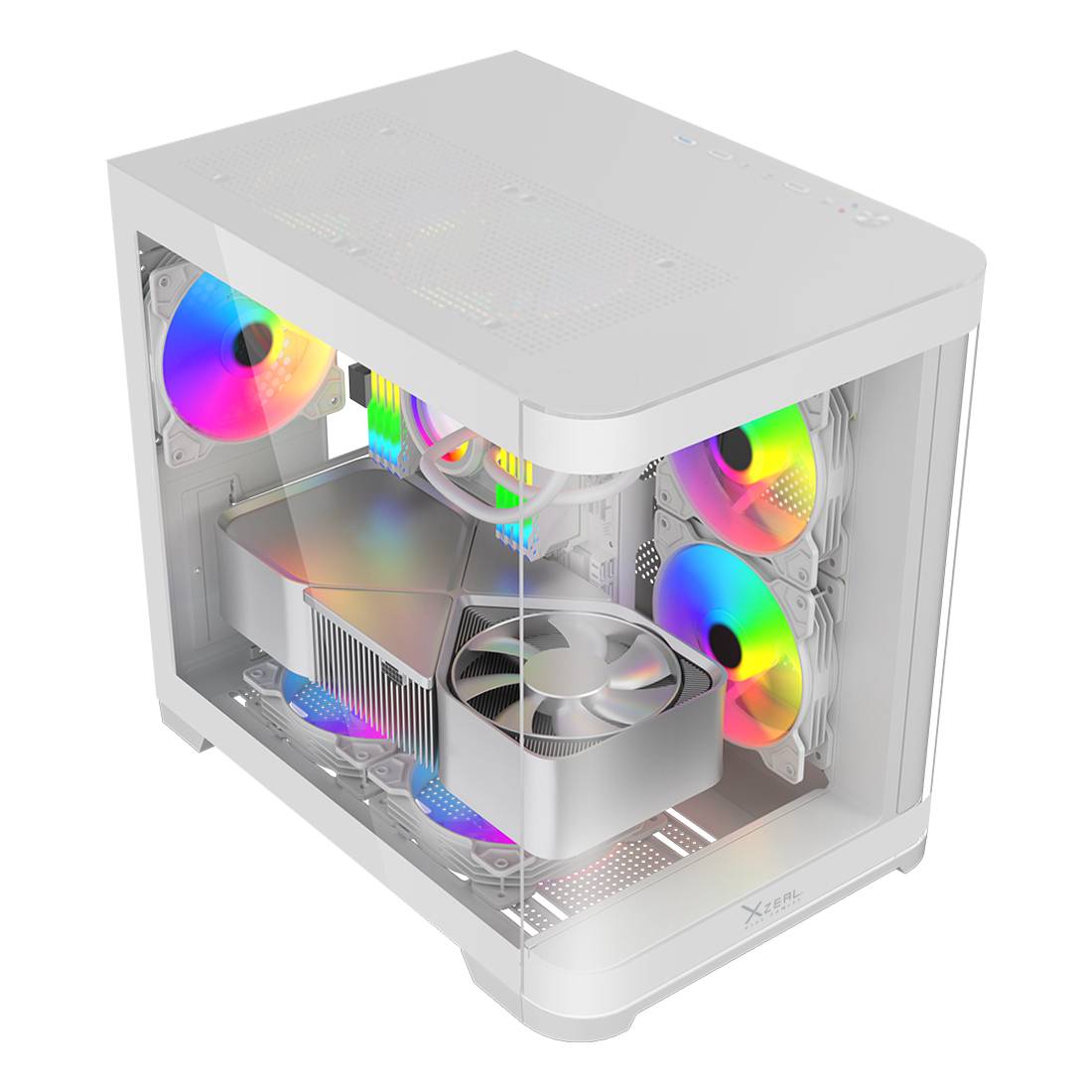 GABINETE CURVO XZEAL M-ATX/ITX 2X USB 2.0 + 1X USB 3.0 + 3.5 MM + 3 VENTILADORES RGB BLANCO