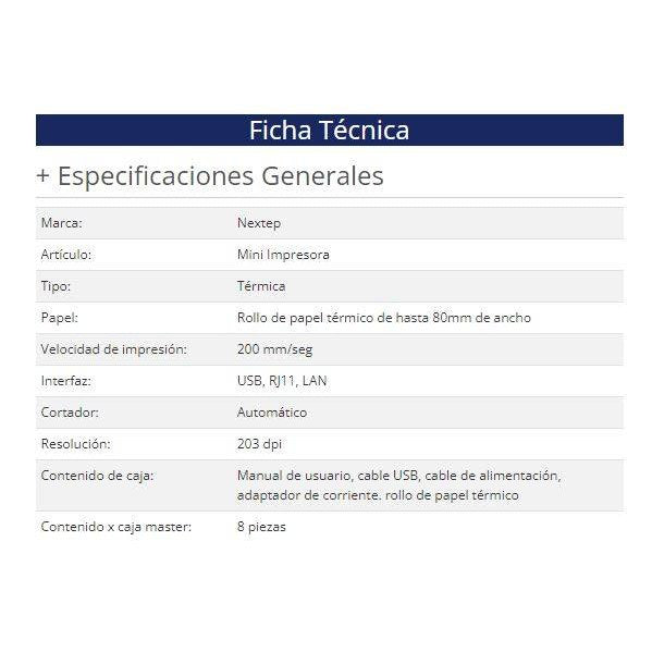 IMPRESORA NEXTEP TÉRMICA 80MM USB/RJ11/LAN /160 MM/S, 203 DPI