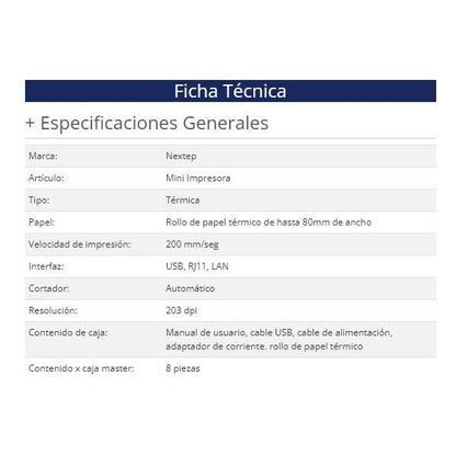 IMPRESORA NEXTEP TÉRMICA 80MM USB/RJ11/LAN /160 MM/S, 203 DPI