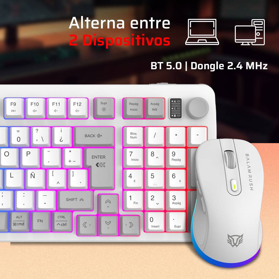 KIT TECLADO Y MOUSE SQUAD CONQUEST PRO  KG525 BALAM RUSH AZENDER SERIES, ALCANCE 10M,ILUMINACION RGB PERSONALIZABLE, COLOR BLANCO. AC-940436