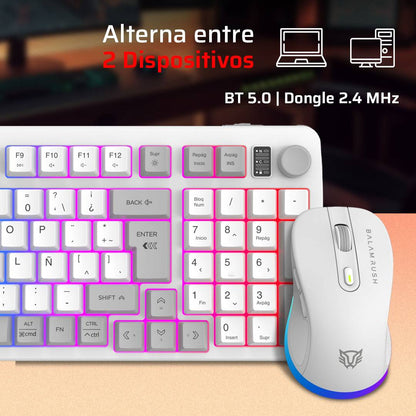KIT TECLADO Y MOUSE SQUAD CONQUEST PRO  KG525 BALAM RUSH AZENDER SERIES, ALCANCE 10M,ILUMINACION RGB PERSONALIZABLE, COLOR BLANCO. AC-940436