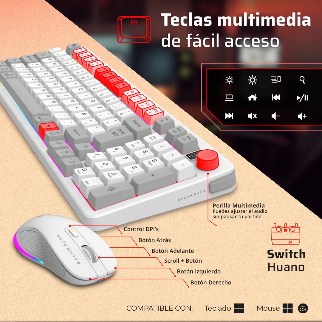 KIT TECLADO Y MOUSE SQUAD CONQUEST PRO  KG525 BALAM RUSH AZENDER SERIES, ALCANCE 10M,ILUMINACION RGB PERSONALIZABLE, COLOR BLANCO. AC-940436