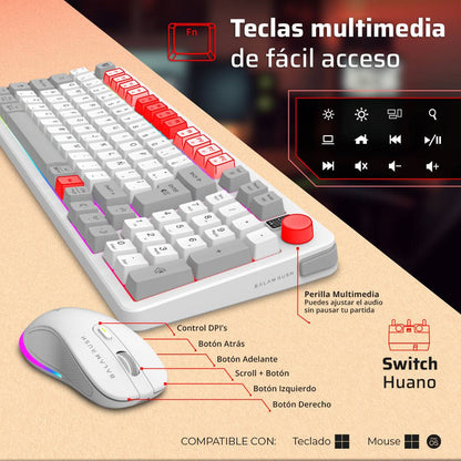 KIT TECLADO Y MOUSE SQUAD CONQUEST PRO  KG525 BALAM RUSH AZENDER SERIES, ALCANCE 10M,ILUMINACION RGB PERSONALIZABLE, COLOR BLANCO. AC-940436