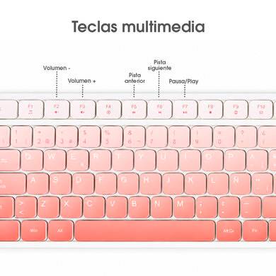 KIT DE TECLADO Y MOUSE INALÁMBRICO, BLUETOOTH Y RADIOFRECUENCIA, MULTIMEDIA, 2.4MHZ, ALCANCE 10M, BATERIA RECARGABLE, COMPATIBLE CON WIN, IOS Y LINUX, ROSA