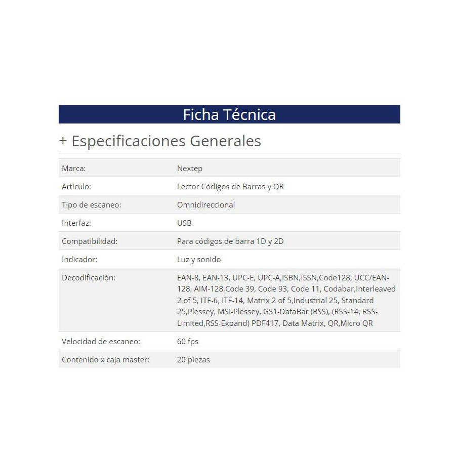 LECTOR DE CÓDIGOS DE BARRA NEXTEP OMNIDIRECCIONAL QR(1D/2D) USB