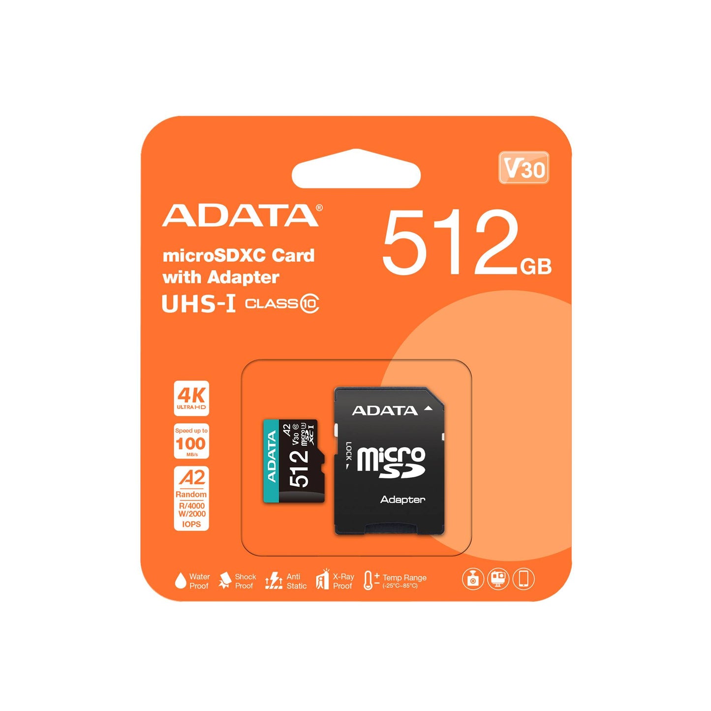 MICRO SECURE DIGITAL A2 (V30)  ADATA PREMIER PRO, 512 GB, 100 MB/S, 85 MB/S, NEGRO/VERDE, CLASE 10