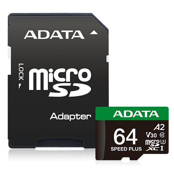 MICRO SECURE DIGITAL ADATA SPEED PLUS MICROSDXC/SDHC UHS-I U3 V30 64GB CLASE 10 (A2), LECTURA /ESCRITURA HASTA 180/160(MB/S). UD64GUI3V30A2SP-RA1