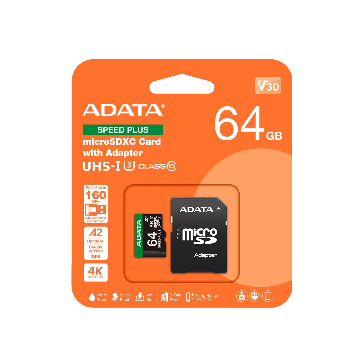 MICRO SECURE DIGITAL ADATA SPEED PLUS MICROSDXC/SDHC UHS-I U3 V30 64GB CLASE 10 (A2), LECTURA /ESCRITURA HASTA 180/160(MB/S). UD64GUI3V30A2SP-RA1