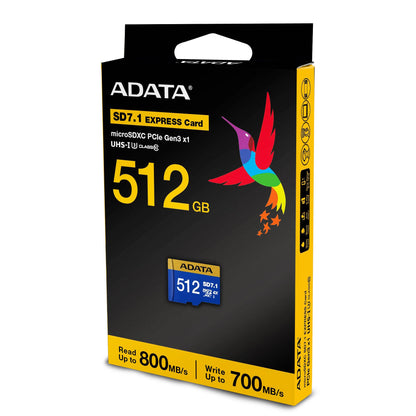 MICROSDXC ADATA, 512GB SD7.1 EXPRESS UHS-I U3 V30, CLASE 10 (A2), PCIE GEN3 X1, VELOCIDADES DE LECTURA Y ESCRITURA DE HASTA 800/700 MB/S UD512GEX3L1-C