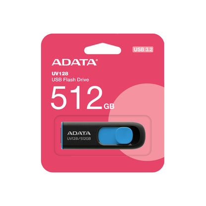 MEMORIA USB ADATA UV128 512GB USB 3.2 GEN1 (COMPATIBLE CON USB 2.0). COLOR NEGRO/AZUL. AUV128-512G-RBE