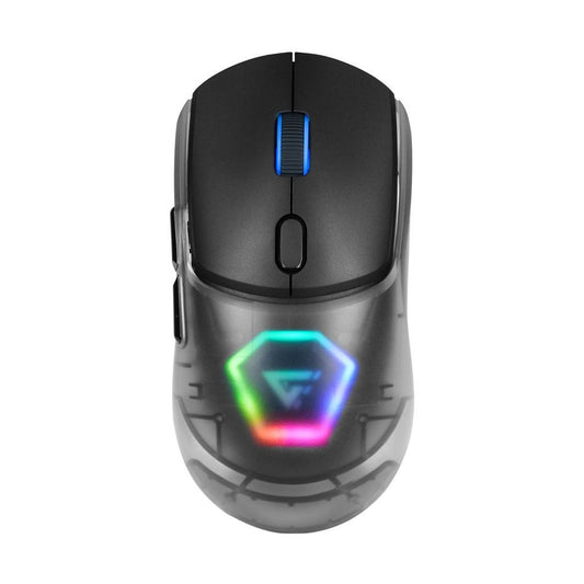 MOUSE GAME FACTOR MOW700 INALÁMBRICO, CARCASAS INTERCAMBIABLES, 2.4G+BT, PIXART 3395, 26,000 DPI, RGB, NEGRO
