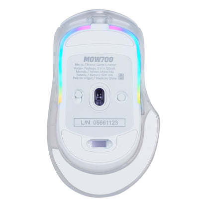 MOUSE GAME FACTOR MOW700 INALÁMBRICO, CARCASAS INTERCAMBIABLES, 2.4G+BT, PIXART 3395, 26,000 DPI, RGB, BLANCO