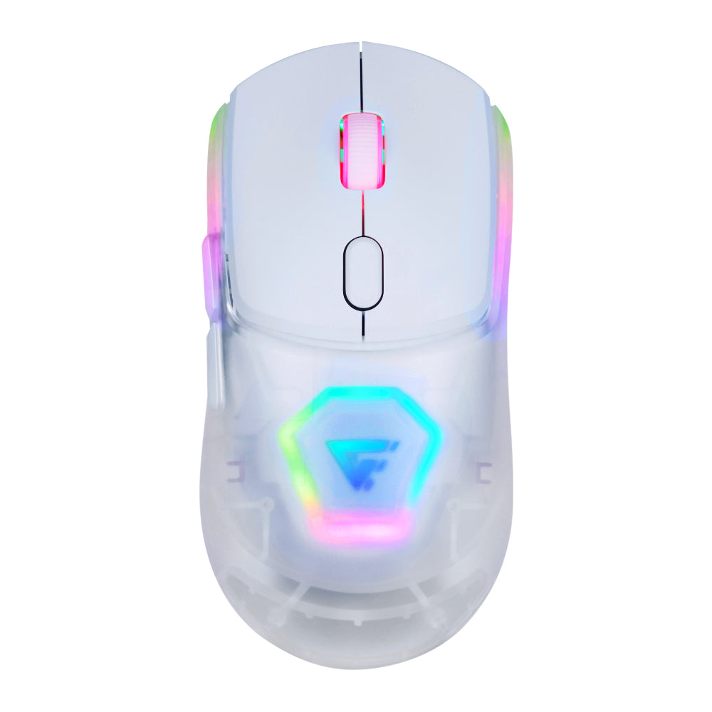 MOUSE GAME FACTOR MOW700 INALÁMBRICO, CARCASAS INTERCAMBIABLES, 2.4G+BT, PIXART 3395, 26,000 DPI, RGB, BLANCO