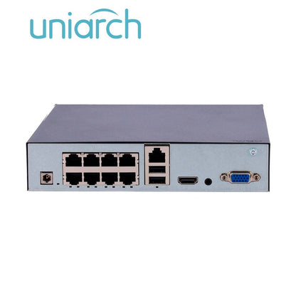 NVR 8 CANALES UNIARCH (NVR-108S3-P8-ECO) 6MP / PLUG&PLAY / 8CH POE / CAPACIDAD 1 DISCO DURO HASTA 6TB TOTAL / ULTRA 265 / ANALÍTICAS SIP