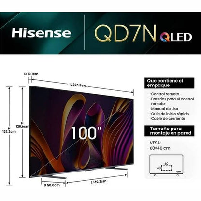 TELEVISOR HISENSE 100QD7N, 100 PULGADAS, QLED, QUANTUM DOT, 4K UHD, 3840 X 2160 PIXELES, GOOGLE SMART TV