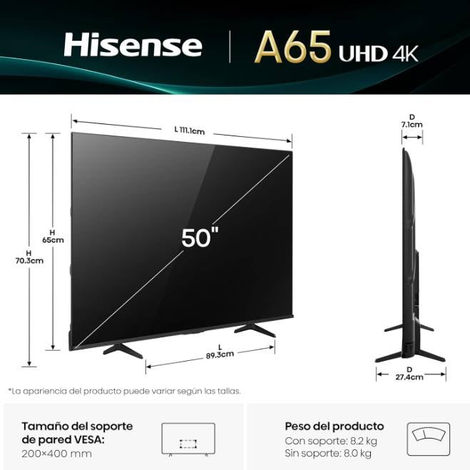 TELEVISOR HISENSE 50A65NV, 50 PULGADAS, LED 4K UHD, 3840 X 2160 PIXELES, VIDAA SMART TV
